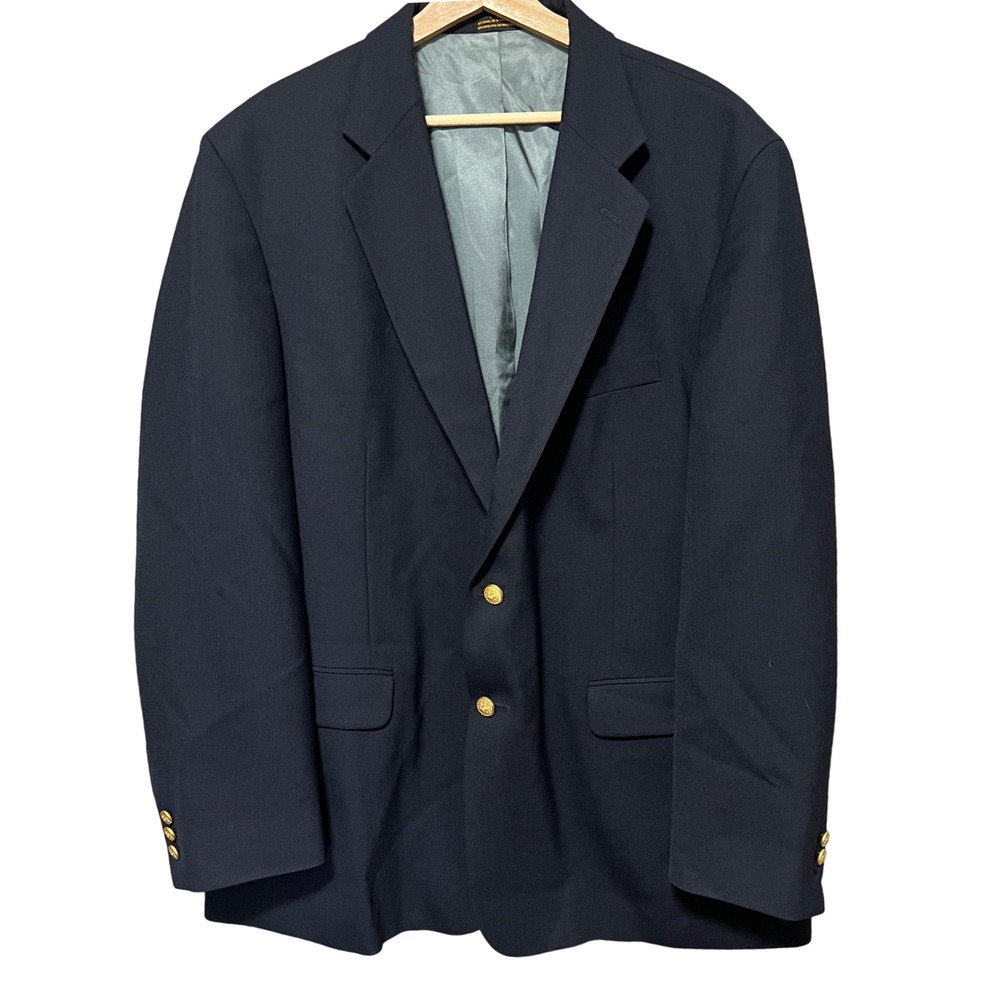 Vtg Stafford Mens 48L Hopsack Classic Navy Blue Blazer Gold Crest Buttons